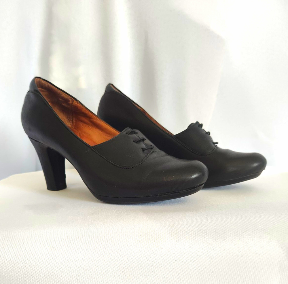 Clarks Retro Academia Black Leather Lace Up Oxford Block Heel Round Toe US 7.5